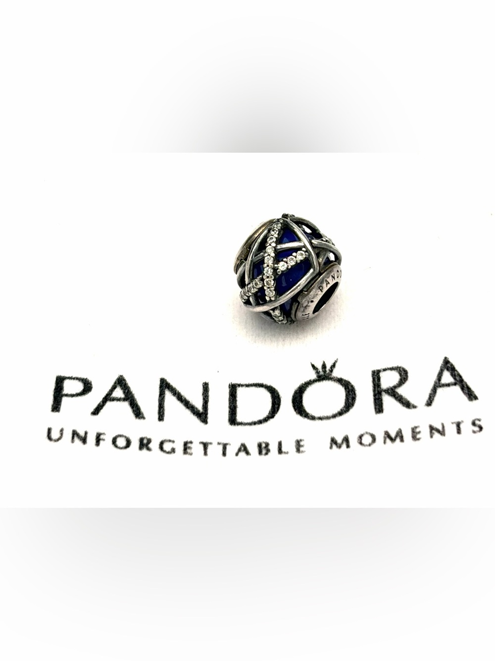 Pandora Galaxy Charm Sterling Silver Royal Blue Crystal Orb Bead Retired 796361